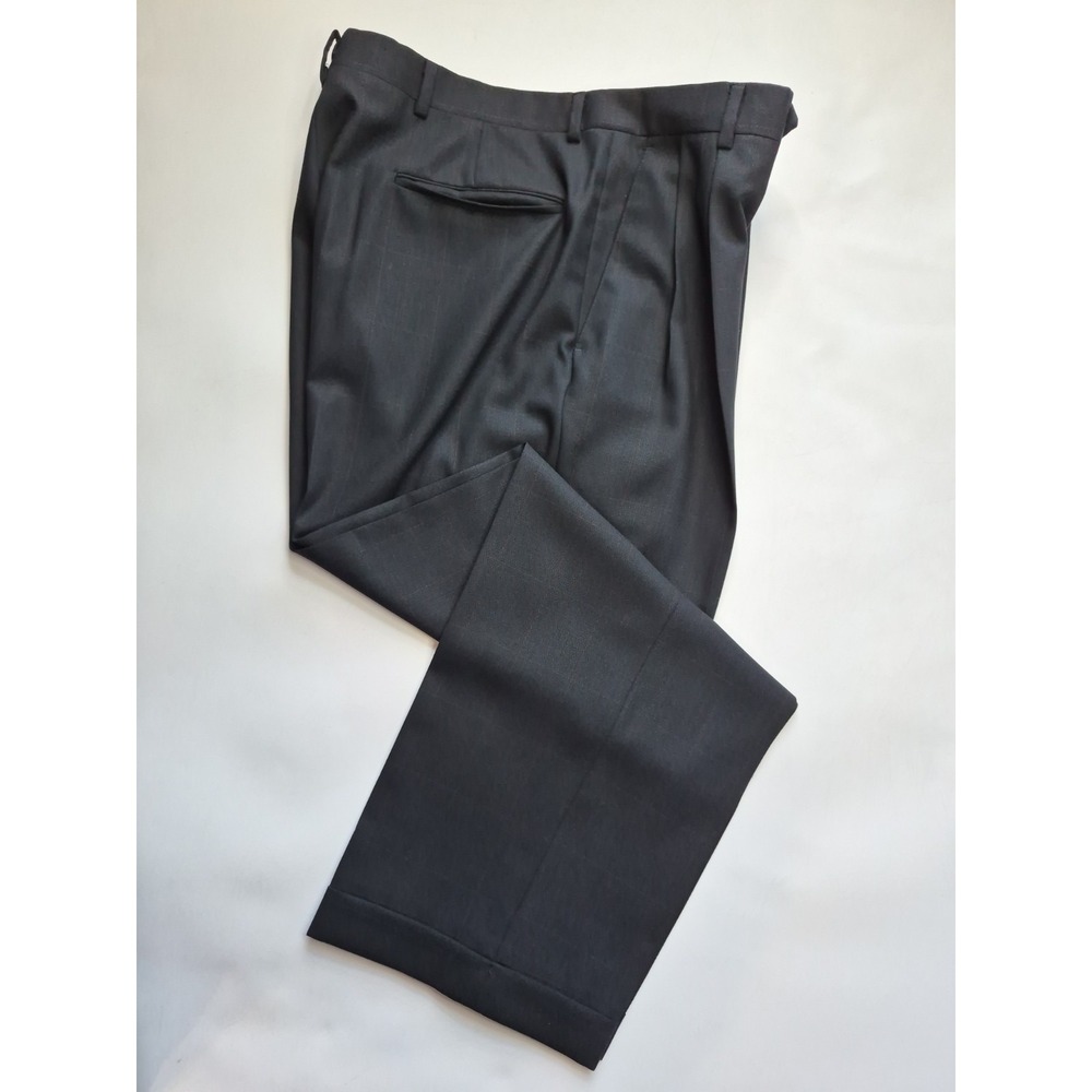 Bespoke Mens Pleated Front Wool Dress Pants 33x28 Black Windowpane Check Cuffed